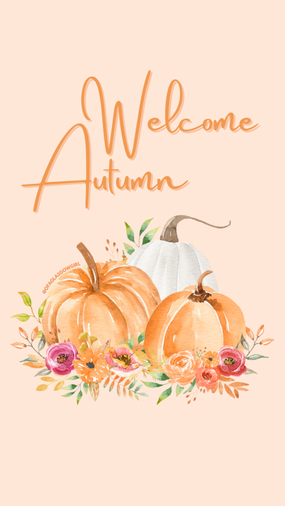 Pale orange graphic with three pumpkins and orange text reading "Welcome Autumn"