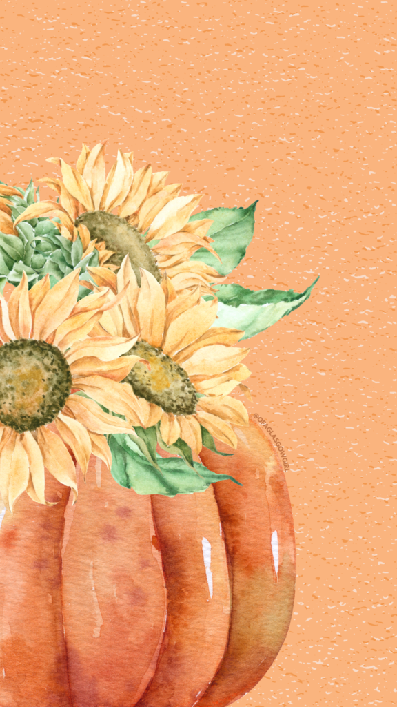 Free Autumn Phone Background - Orange graphic with pumpkin and flowers