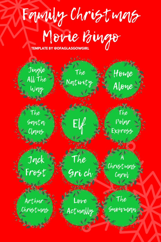 Red and green graphic with white text reading "Family Christmas Movie Bingo by @ofaglasgowgirl" and 12 Christmas movie titles