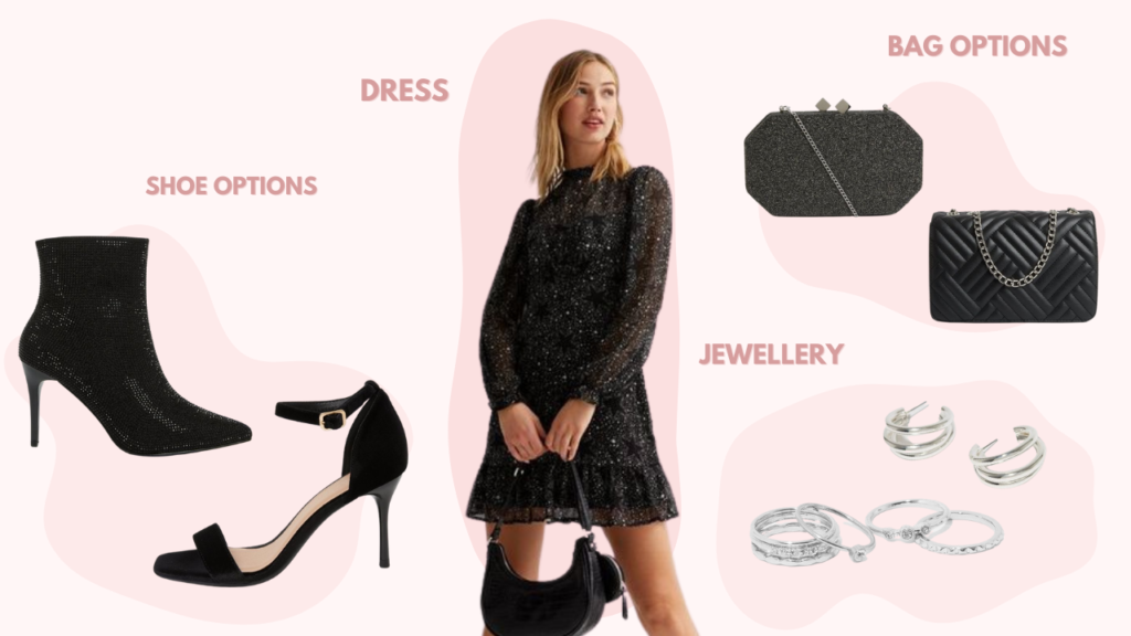 Pale pink graphic with images showing clothing items for Christmas Party Wear