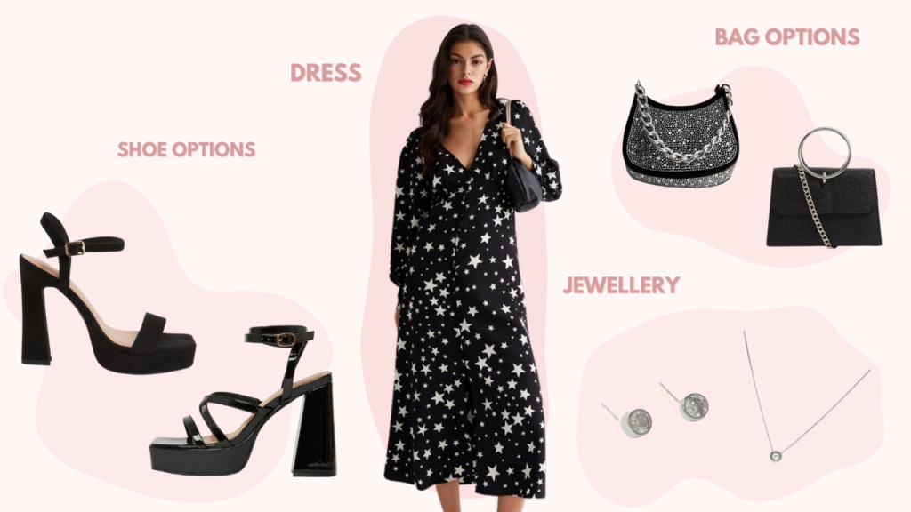 Pale pink graphic with images showing clothing items for Christmas Party Wear