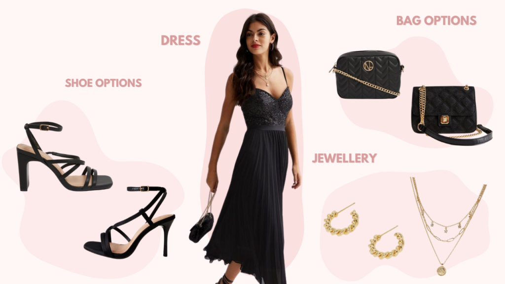 Pale pink graphic with images showing clothing items for Christmas Party Wear