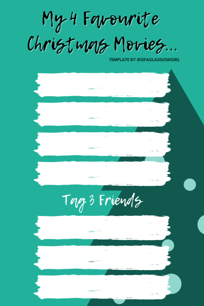 A green graphic with black text reading "my 4 favourite Christmas movies... by @ofaglasgowgirl" and 4 white brush marks for people to insert their movie choices