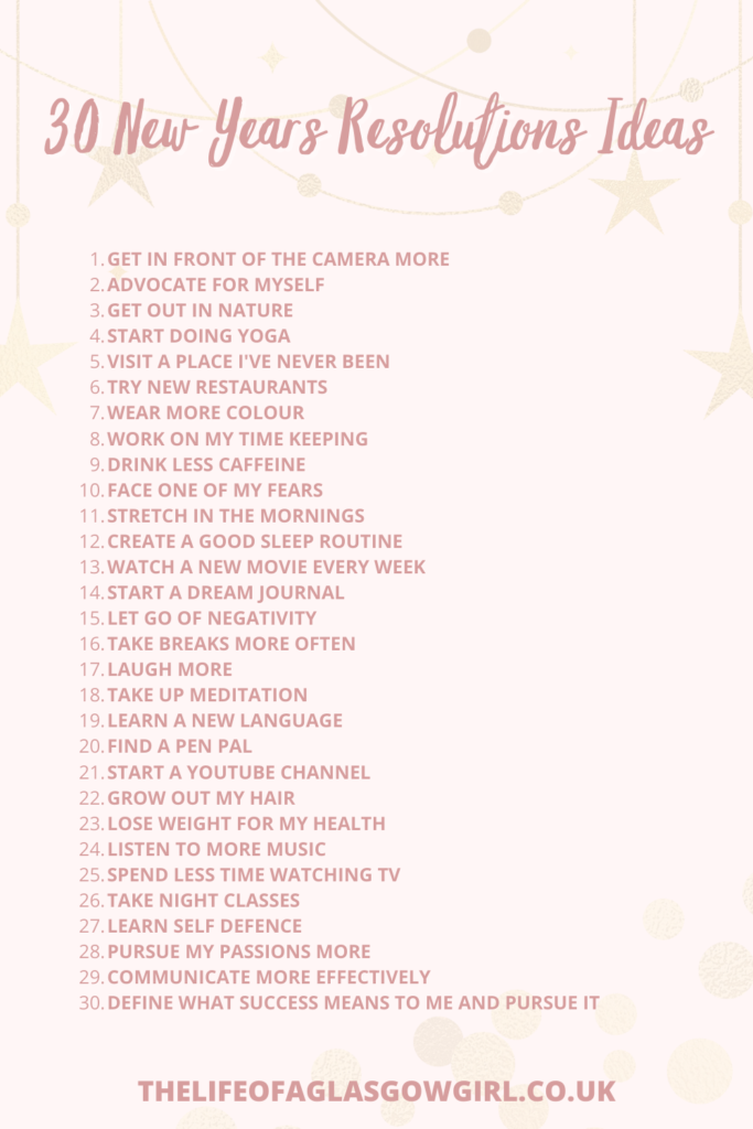 Pink graphic created by Jordanne/ofaglasgowgirl that has 30 New Years Resolutions in dark pink text