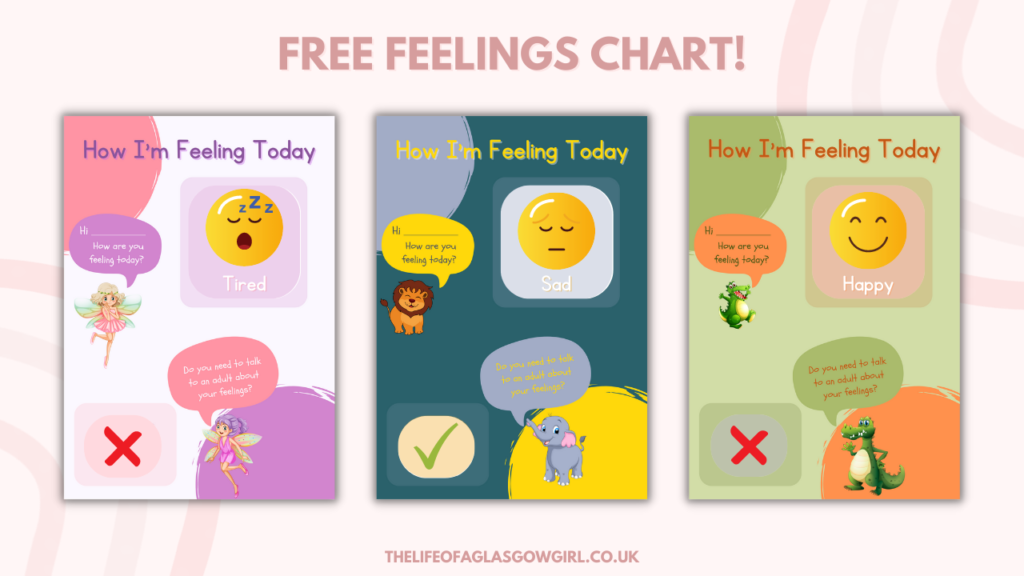 Pink graphic showing three different feelings chart available for download
