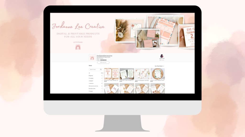 Screenshot of Jordanne lee creative etsy store front