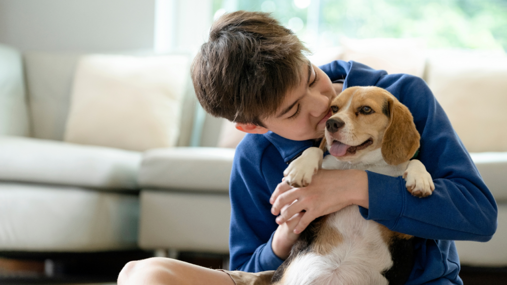 Stock photo from Canva by Ijeab of a young boy holding a dog