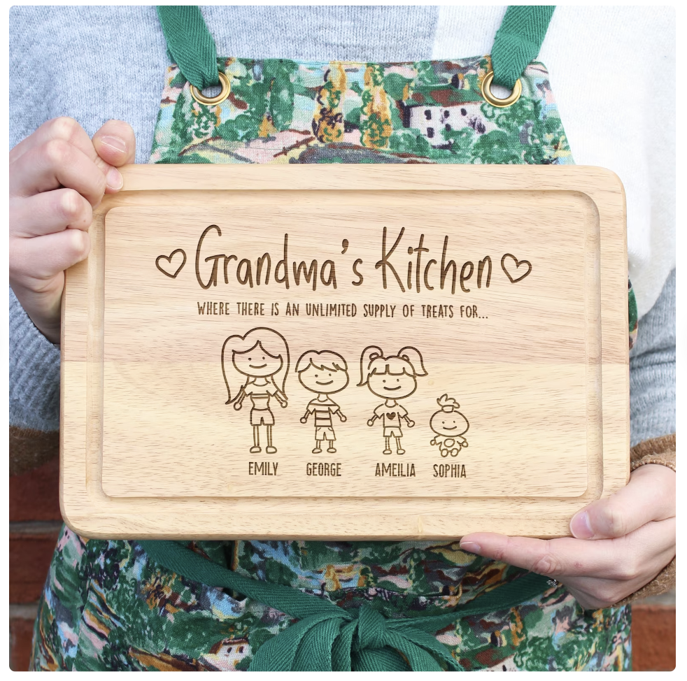 Photo by GiftsInaJiffy on Etsy of a wooden cutting board that has been personalised
