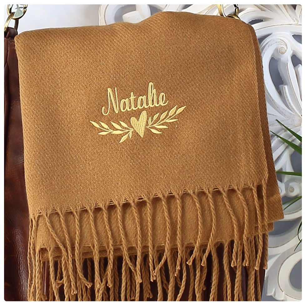 Photo of a brown personalised scarf by CreativeBlossomLtd on Etsy