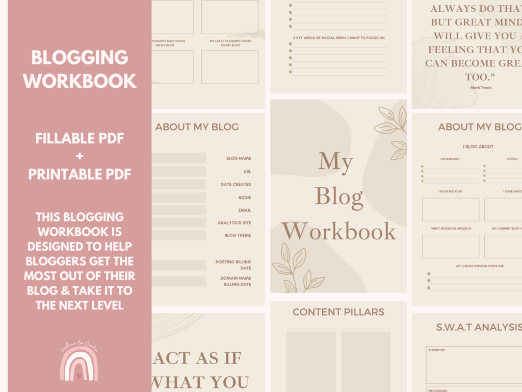Pink graphic depicting what the beige Blog Workbook looks like for Bloggers