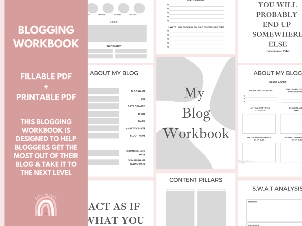 Pink graphic depicting what the black and white Blog Workbook looks like for Bloggers