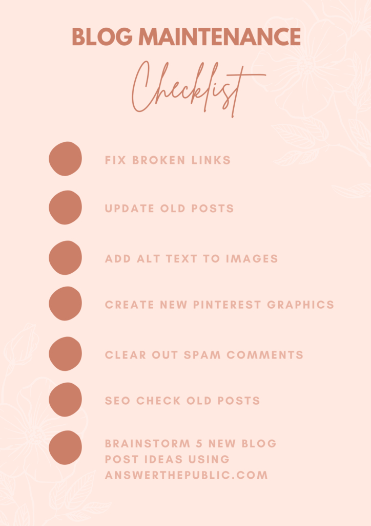 A beige graphic with dark brown text that reads "Blog maintenance checklist" with 7 tick boxes for creating a checklist