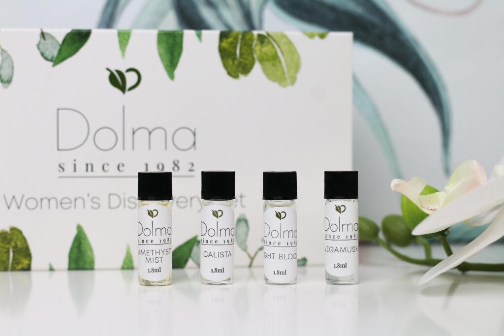 Close up of four Vegan & Eco-friendly Perfumes from Dolma Perfume