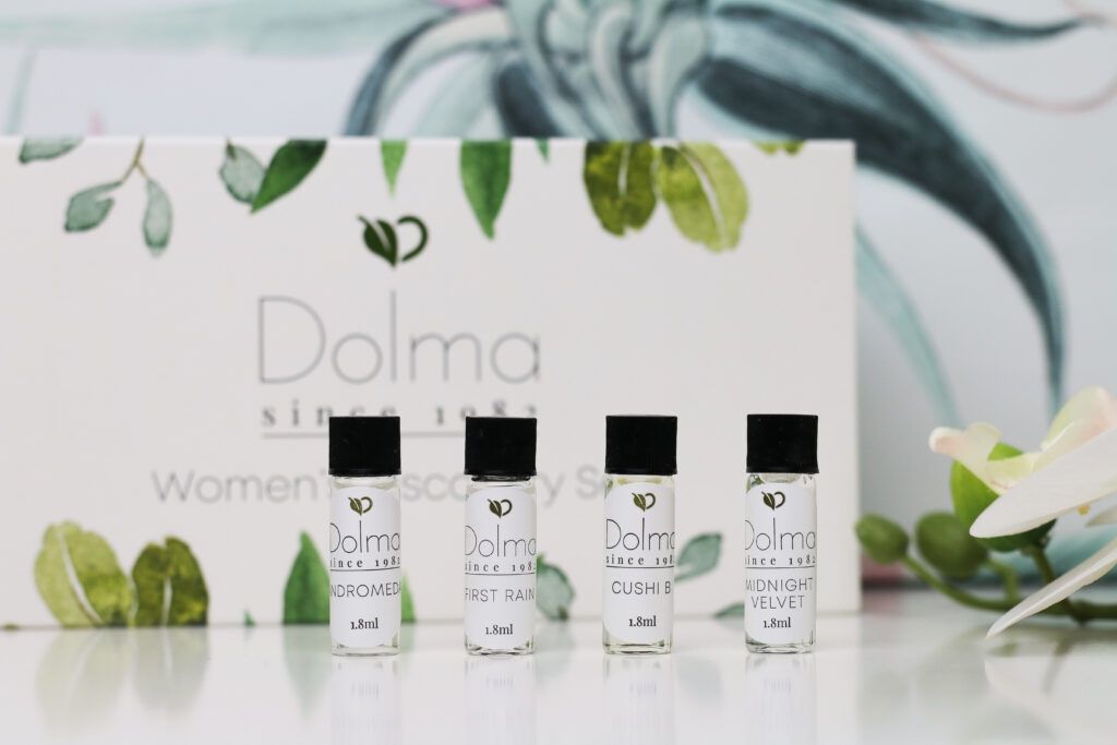 Close up of four Vegan & Eco-friendly Perfumes from Dolma Perfume