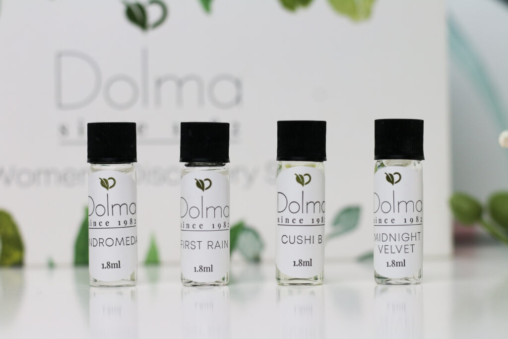 Close up of four Vegan & Eco-friendly Perfumes from Dolma Perfume