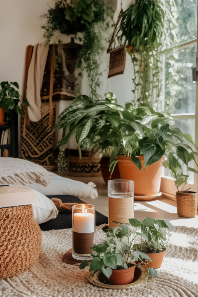 Stock photo from Canva by Daria Minaeva of a living room with over 10 plants around a window