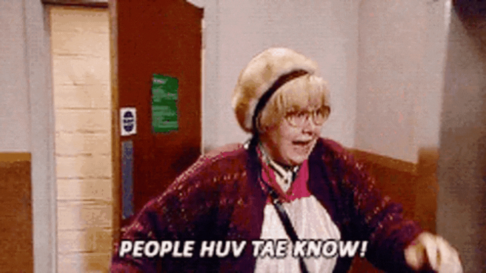 A gif of Isa from Still Game rushing to the elevator saying "People Huv Tae Know"