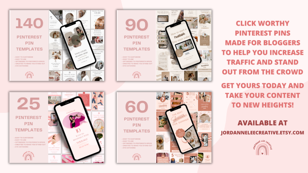 A Pink Graphic that depicts 4 different Pinterest Pin sets available to buy on jordanneleecreative.etsy.com