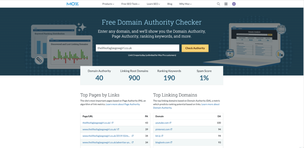 Screenshot of Moz Domain authority analyser showing Thelifeofaglasgowgirl.co.uk stats