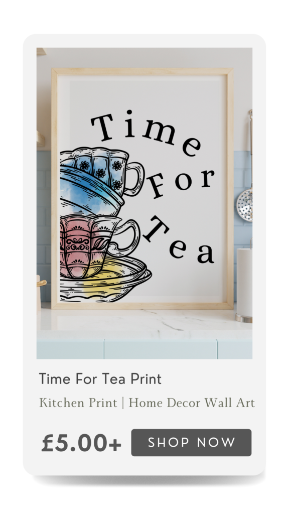 A vertical graphic that depicts a Time for tea Alice in Wonderland Home Decor Print available on Jordanneleecreative.etsy.com