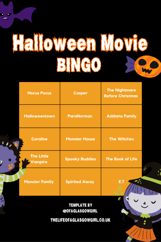 A black and orange Pinterest Graphic with a list of 15 Movies that are family friendly at Halloween on Thelifeofaglasgowgirl.co.uk 