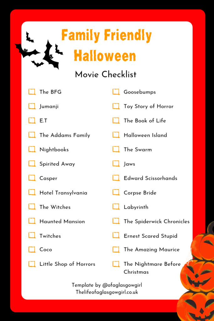 A black, red and orange Pinterest Graphic sharing 32 family friendly Halloween movies on Thelifeofaglasgowgirl.co.uk 
