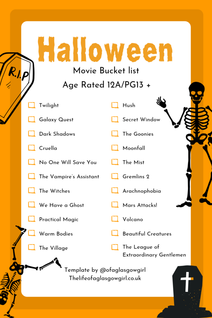 A black and orange Pinterest Graphic sharing 32 12A Halloween movies on Thelifeofaglasgowgirl.co.uk 