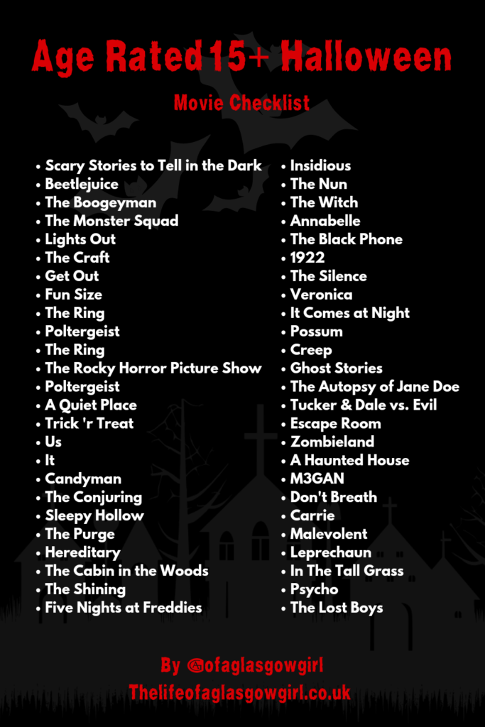 A black and red Pinterest Graphic sharing 50 age rated 15+ Halloween movies on Thelifeofaglasgowgirl.co.uk 
