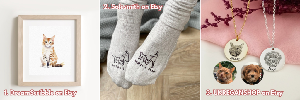 Graphic showing three gifts for Animal Lovers. From left to right: Personalised mini pet portrait, Personalised dog walking socks, Personalised necklace with pets face