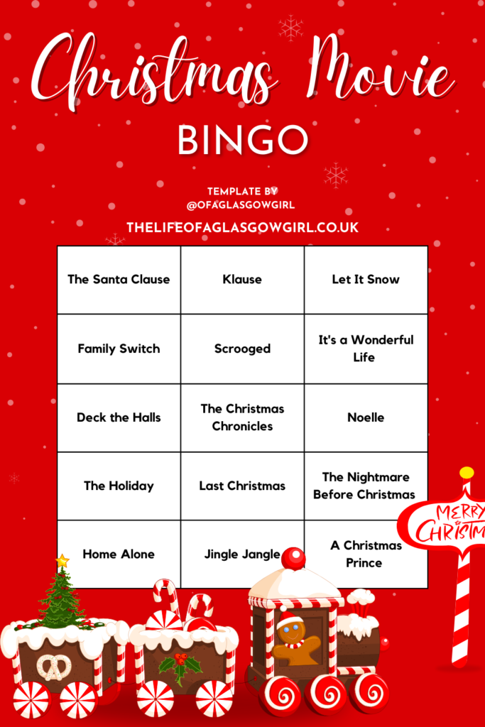 A red Christmas graphic that has 15 Christmas movies written in a bingo format. Christmas Movie Bingo Card
