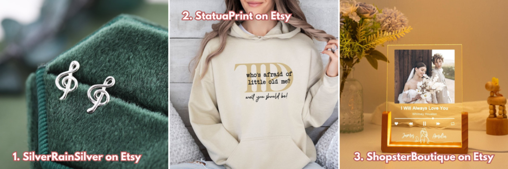 Graphic showing three gifts for music lovers. From left to right: Musical Note Earrings, Taylor Swift Lyrics Hoodie, Acrylic Musical Personalised Sign