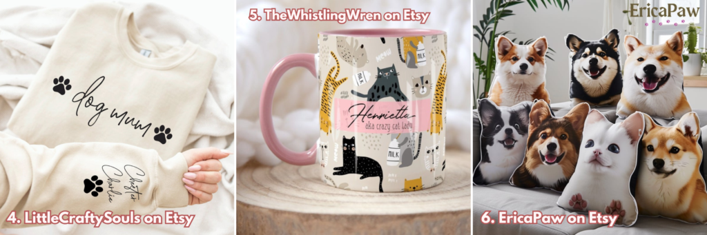 Graphic showing three gifts for Animal Lovers. From left to right: Personalised Dog Mum sweater, Personalised cat mug, Personalised pillow with pets body and face