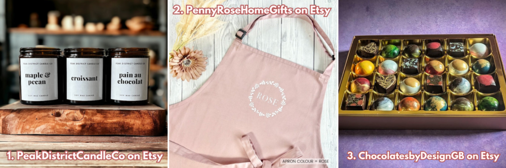 Graphic showing three gifts for foodies. From left to right: Food themed candle, personalised apron, gourmet chocolate