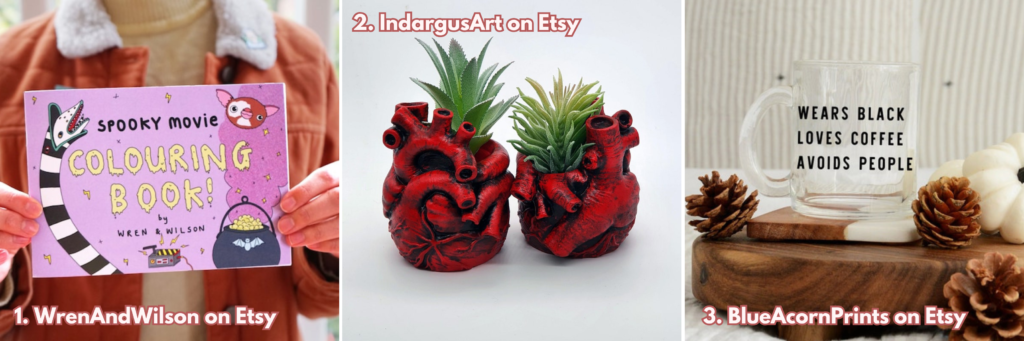 Graphic showing three gifts for goths. From left to right: colouring book, anatomically correct heart shaped plant pot, Glass mug