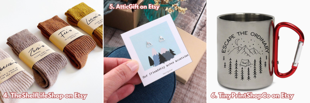 Graphic showing three gifts for adventurers. From left to right: Cosy socks, cute mountain earrings, camping mug