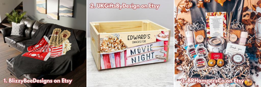 Graphic showing three gifts for movie buffs. From left to right: movie blanket, personalised movie snacks crate, smores kit