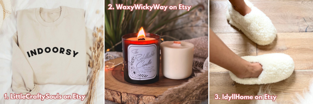 Graphic showing three gifts for homebodies. From left to right: Cosy sweater, candles, fluffy slippers