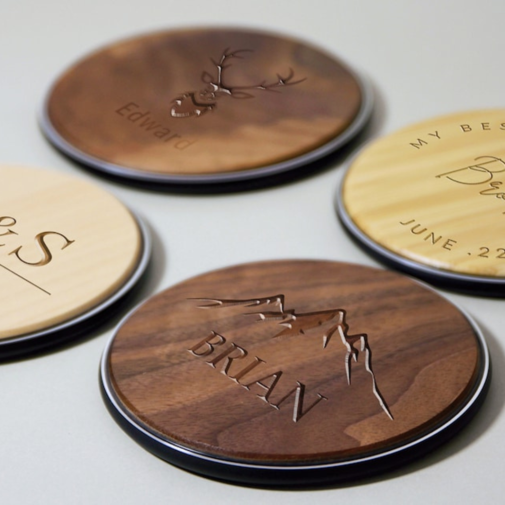Photo of a Personalized Name & Logo Wooden Wireless Charger by CraftsByAden on Etsy