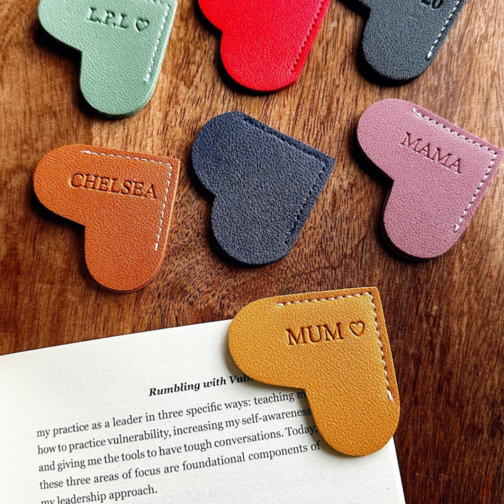 Photo of a Personalised Vegan Leather Heart Page Corner Bookmark by DebosStudio on Etsy