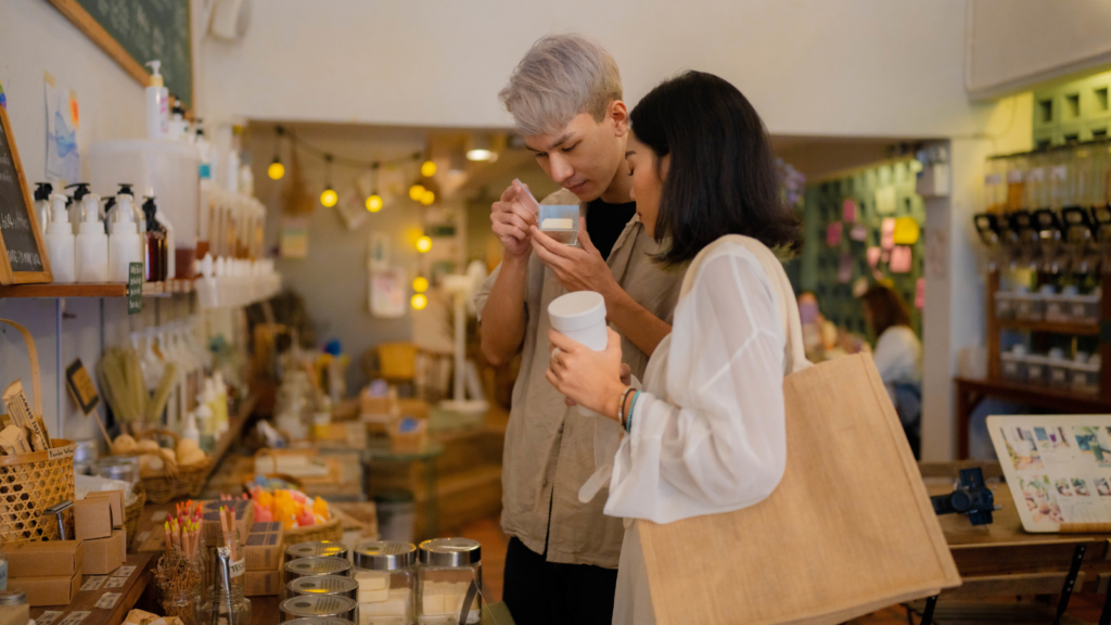 A stock photo from Canva of two people shopping in a sustainable products store