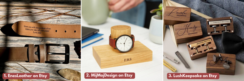 Graphic showing three photos of personalised Gifts for Him for Valentines Day. From L-R: Leather Belt, Wooden Watch Holder, Bespoke Cufflinks in Wooden boxes