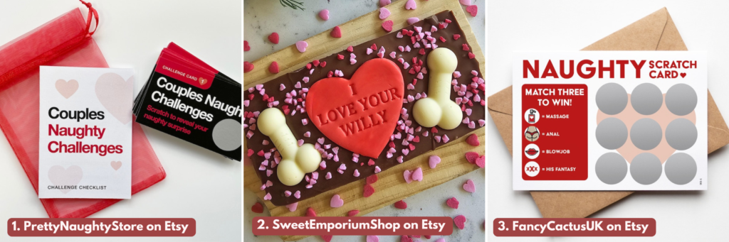 Graphic showing three photos of Naughty, Not safe for work Gifts for Him for Valentines Day. From L-R: Couples Naught Coupon Book, I love your willy chocolate slab, Naughty scratch card