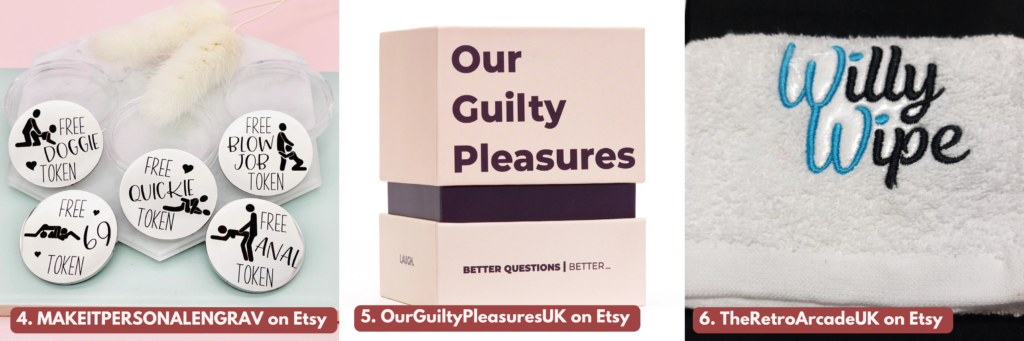 Graphic showing three photos of Naughty, Not safe for work Gifts for Him for Valentines Day. From L-R: Naught Sex Token, Our Guilty Pleasure Game for Couples, Willy Wipe Cloth