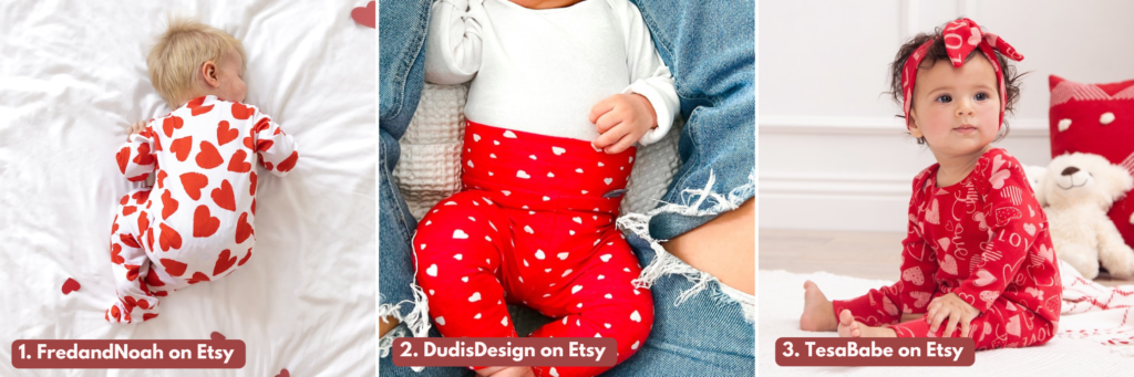 Graphic showing three My First Valentine's Day Outfits For Babies Pyjamas from Etsy