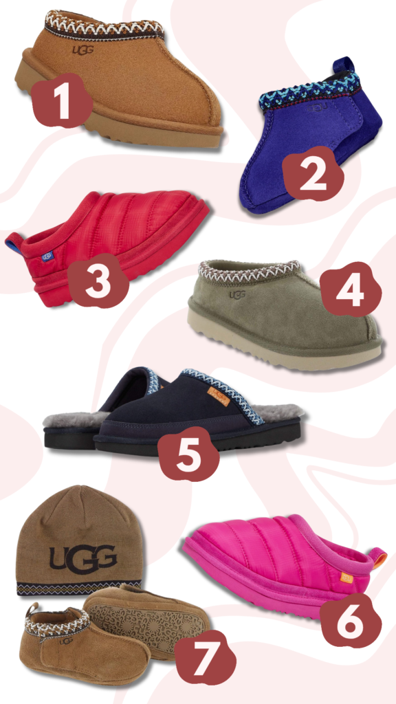 A graphic showing 6 different UGG Tasman slippers for Children