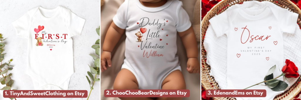 Graphic showing three photos of personalised baby's first Valentine's Day Baby Vests from etsy