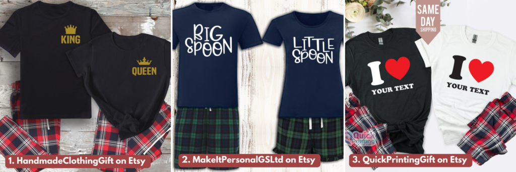 Graphic showing three photos of personalised Valentine's Day Pyjamas for Couples