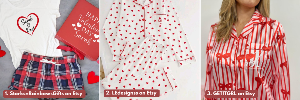 Graphic showing three photos of personalised Valentine's Day Pyjamas for women
