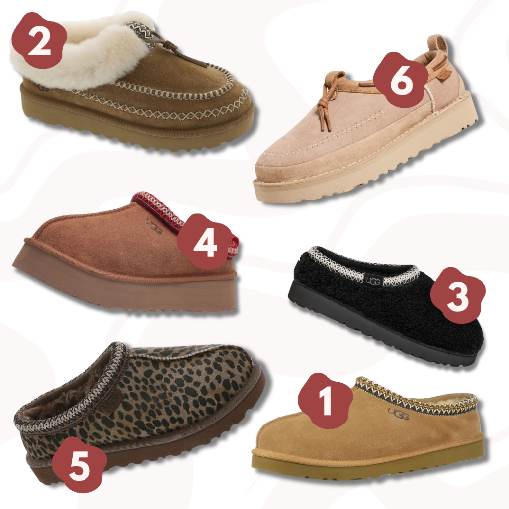A graphic showing 6 different UGG Tasman slippers for women