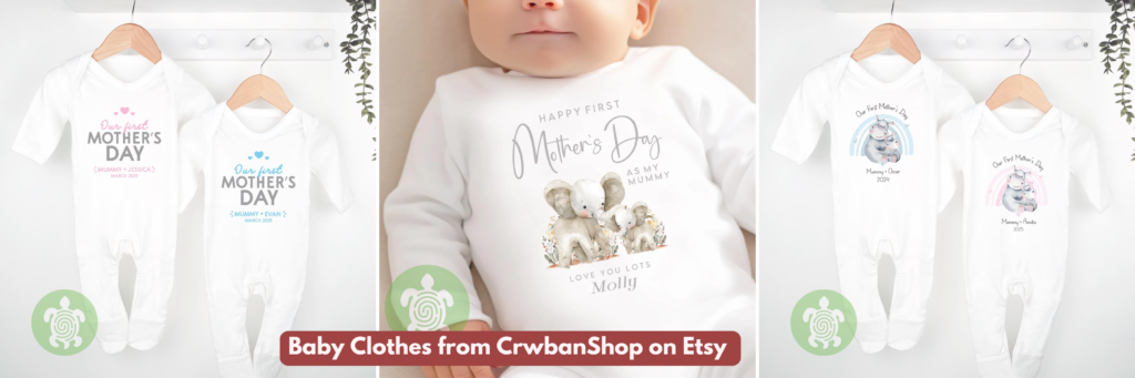 A graphic showing three different Baby Grow designs for Mother's Day, from CrwbanShop